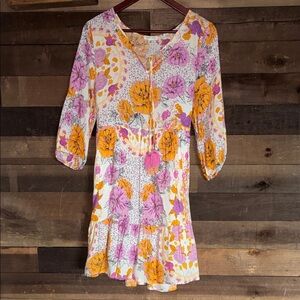 Spring 🌸🌸🌻White Floral Boho Tassel Dress - Pink & Orange Flowers